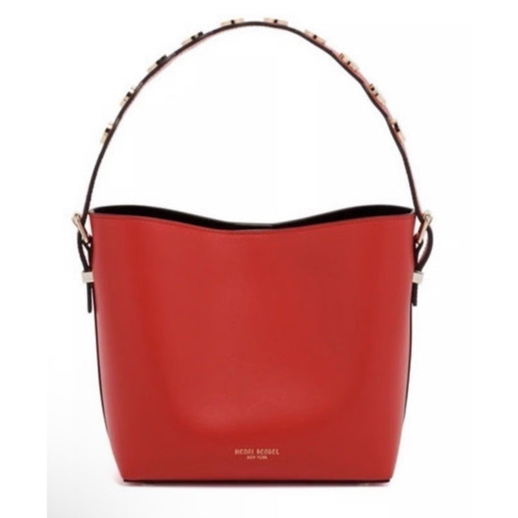 HENRI BENDEL SATCHEL LEATHER TRUE RED BUCKET HANDBAG UNIQUE - Picture 1 of 7